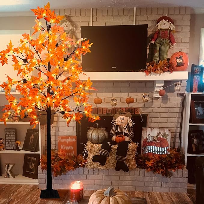 6FT Prelit Fall Maple Tree Decor, 128 LEDs with 8 Acorns 8 Pine Cones & Timer 8 Flashing Modes Artificial Maple Tree Thanksgiving Decor for Fall Home Autumn Halloween Harvest Indoor Outdoor