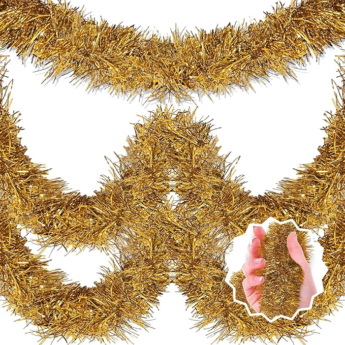 25 Feet Champagne Gold Christmas Tinsel Garland, Metallic Foil Twist Banner Wall Hanging Tinsel Streamers Backdrop for Parade Floats, Christmas, Mother's Day, Birthday Party Decorations(4in x 25ft)
