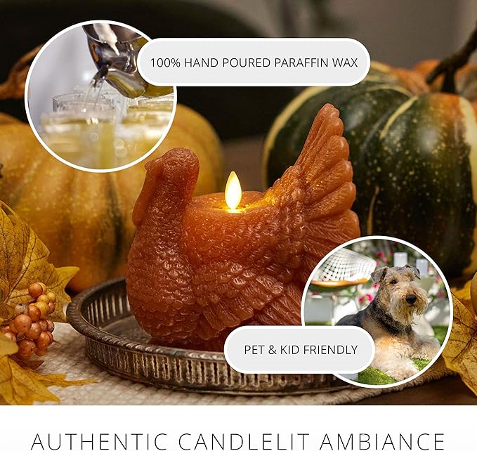 Luminara Flameless Fall Harvest Decor - Turkey Figural LED Candle Natural Color, Adobe, 5.3" x 7.5" Real Wax Moving Flame Battery Operated w/Timer