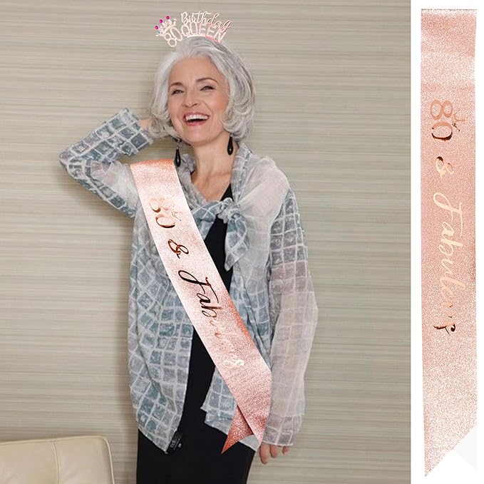 VELSCRUN 80th Birthday Queen Headband, Tiara Crown for Women, 80th Birthday Decorations for Her, Birth Queen Tiaras Crowns Sash for Women Mom Birth Party Decoration Hair Accessories Rose Gold