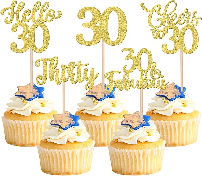 30PCS Happy 30th Birthday Cupcake Toppers Glitter Thirty Cheers to 30 Years Old Birthday Cupcake Picks Hello 30 Fabulous Cake Decorations for Happy 30th Birthday Anniversary Party Supplies Gold