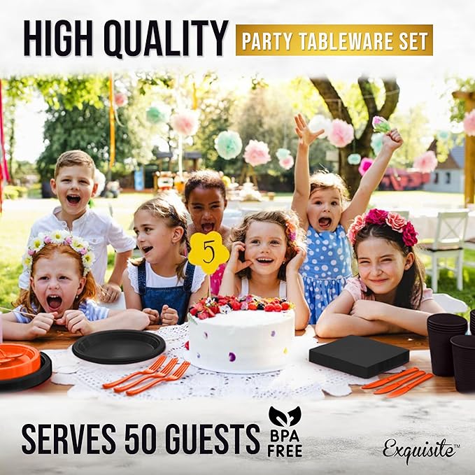 350 Pcs Orange & Black Plastic Plates For Party, Orange & Black Disposable Plates Set, 50 Of Each 9" Dinner Plate Set, 7" Dessert Plate, Cups, Napkins & Cutlery Plastic Dinnerware Party Solids