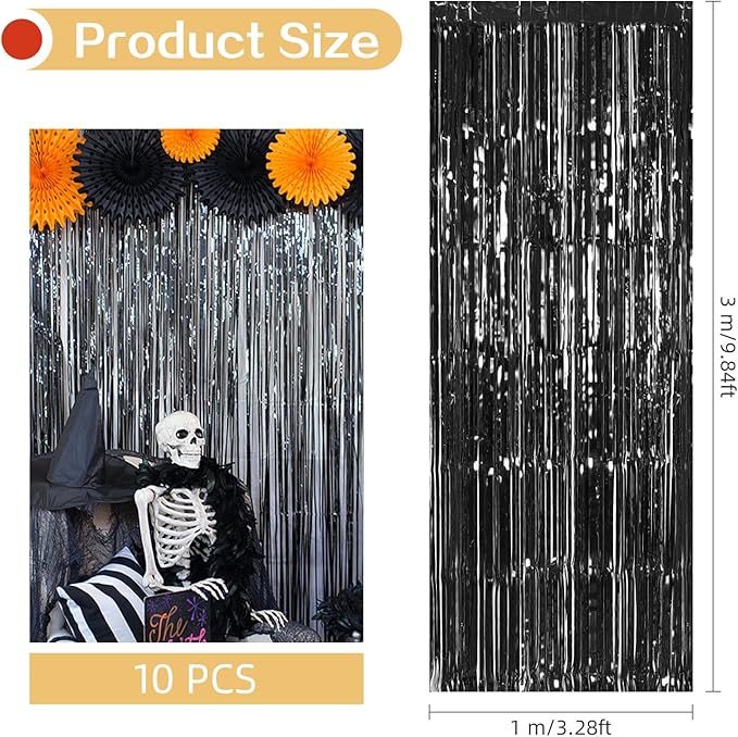 10 Pack Black Foil Curtain Backdrop 3.2ft x 9.8ft Metallic Tinsel Foil Fringe Curtains Streamer Photo Booth Backdrop for Birthday Party Engagement Bachelorette Party Decorations (Black)
