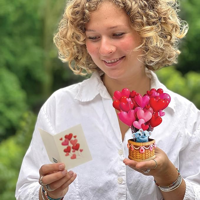 Freshcut Paper Pop Up Cards, Mini Heart Balloons, 6 Inch Mini Sized 3D Popup Greeting Cards, Valentine's Day, Anniversary Card, Blank Notecard & Envelope