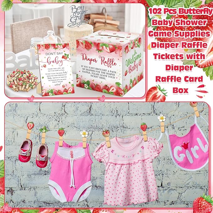 102 Pcs Baby Shower Game Supplies Diaper Raffle Tickets with Diaper Raffle Card Box Don't Say Baby Sign Mini Clothespin Baby Shower Game Decor for Baby Shower Gender Reveal(Strawberry)
