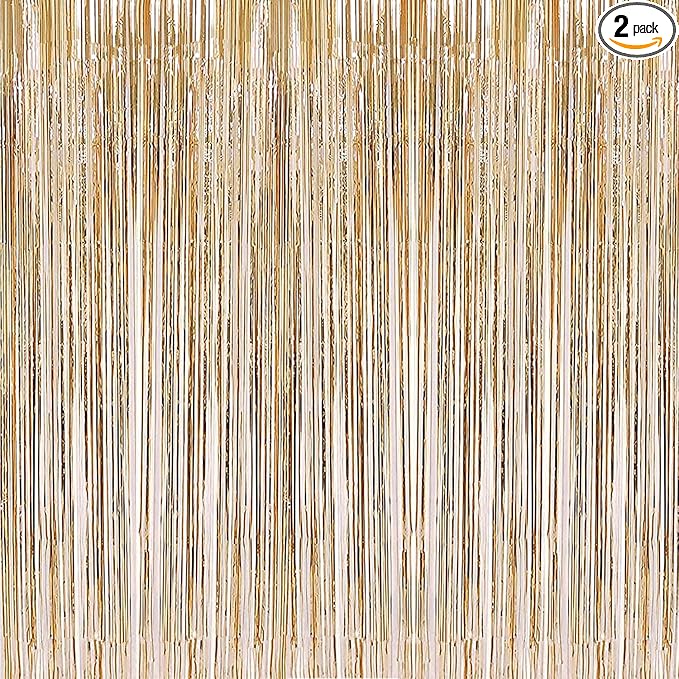 i-CHONY 2 Pcs 3.2ft x 8.2ft Champagne Gold Metallic Tinsel Foil Fringe Curtains Photo Booth Backdrop for Baby Shower Birthday Wedding Holiday Celebration Bachelorette Party Decorations
