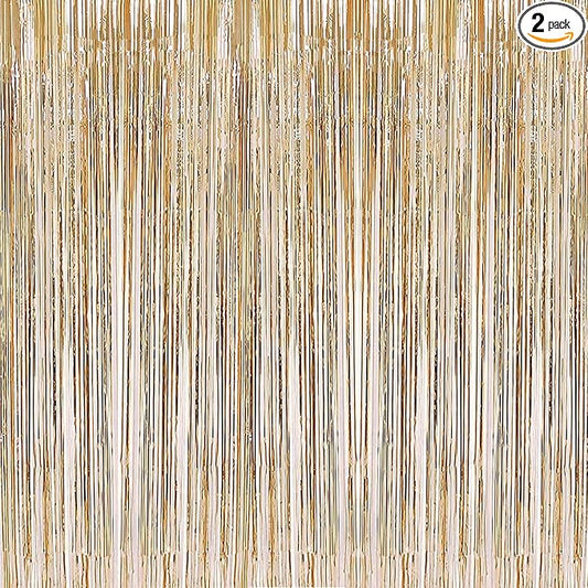 i-CHONY 2 Pcs 3.2ft x 8.2ft Champagne Gold Metallic Tinsel Foil Fringe Curtains Photo Booth Backdrop for Baby Shower Birthday Wedding Holiday Celebration Bachelorette Party Decorations