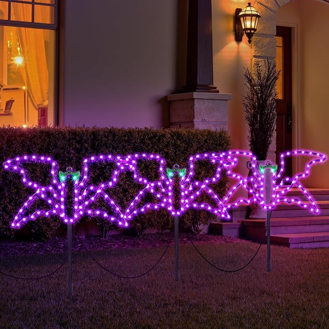 Halloween LED Bat Lights 3 Pack, Hanging or Stakeable Indoor & Outdoor Halloween Decor, 4 Light Modes, Timer Function, Perfect Yard & Party Decorations