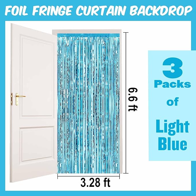 3 Pack Light Blue Foil Fringe Curtains Backdrop, 3.28 x 6.6 Ft Metallic Streamers Tinsel Curtains Background for Photo Booth, Birthday, Halloween, Christmas, Thanksgiving, New Year Party Decorations