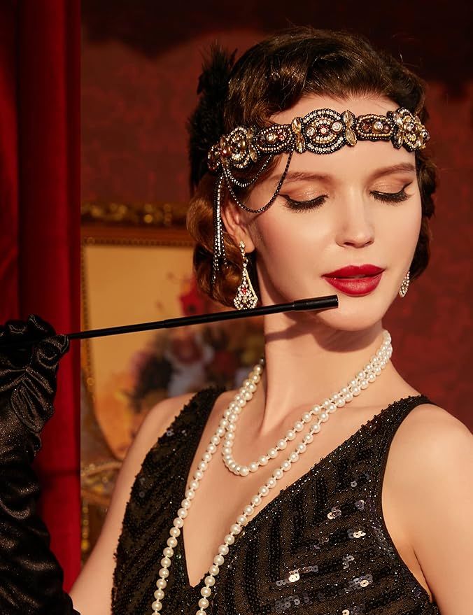 BABEYOND 1920s Flapper Accessories Gatsby Costume Accessories Set 20s Flapper Headband Pearl Necklace Gloves