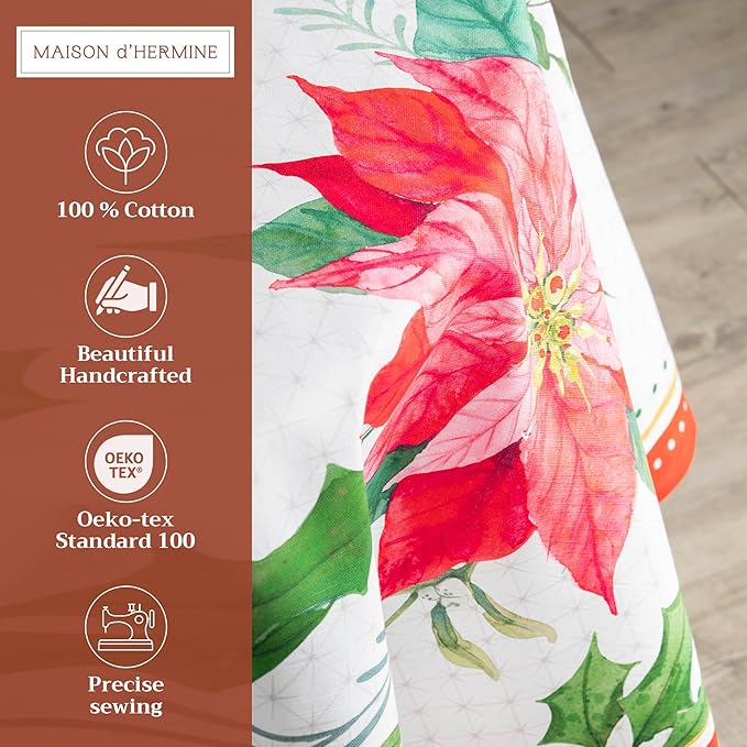 Maison d' Hermine Table Cloth Round Table 100% Cotton 63 Inches Fall Tablecloth Reusable Everyday Use for Thanksgiving Christmas Decorations Dining Farmhouse Party (Poinsettia Christmas)