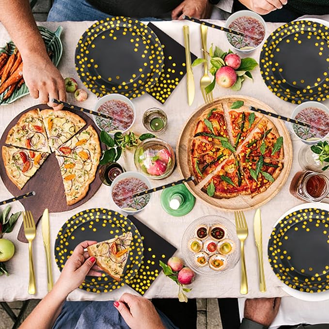 Sylken 186 Pieces Black and Gold Party Tableware Set - 25 Guests Paper Plates, Napkins,Paper Cups, and Tableware for Wedding Shower,graduations,cocktail parties,New Year Party,Birthday etc.