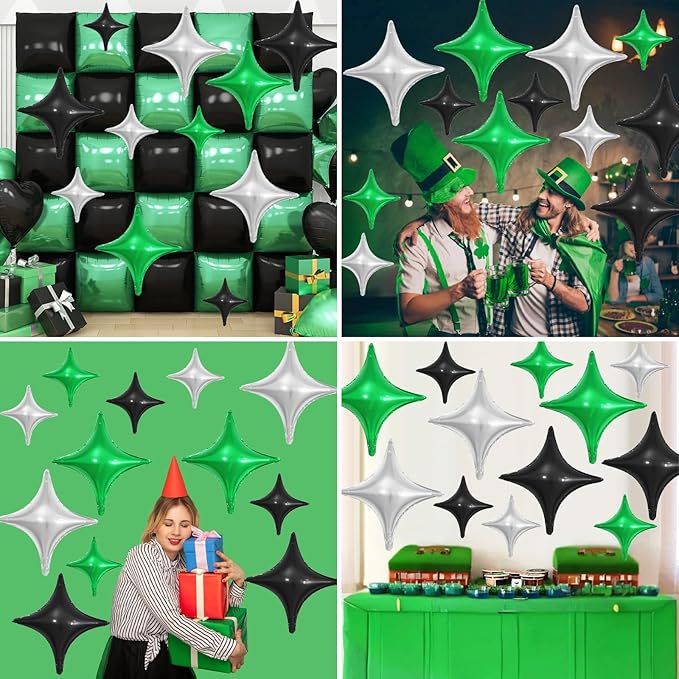 Black Green Silver Star Balloons,12Pcs Four Angle Star Foil Balloons,26Inch and 10Inch Black Silver Green Quadrangle Helium Balloon for Birthday Anniversary Party Decorations