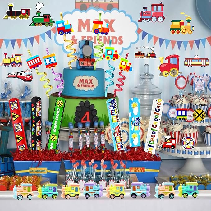 Train Party Favors 122PCS Slap Bracelets DIY Stickers Drinking Straw Keychains Pull-back Vehicle for People Car Theme Birthday Party Car Theme Birthday Party
