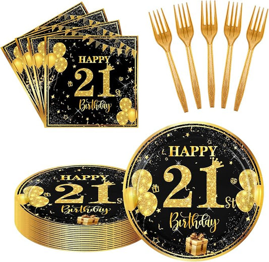 21th 7 inch Birthday Party Paper Plates and Napkins Forks 60 pcs Black Gold Birthday Decorations for Boys Girls Tableware Set Anniversary Party Supplies,Serve 20