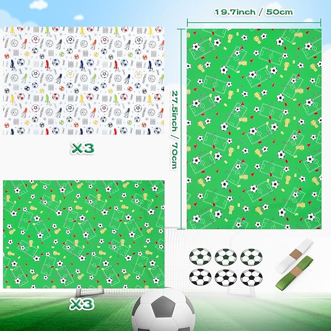Wrapping Paper Football Wrapping Paper Boys Men Birthday Wrapping Paper Sheets with Sport Soccer Green White Mixed Design,Birthday Gift Wrap Set for Present Birthday Paper Wrap,Ribbion Tags(6 Sheets, 28"Lx20"W per Sheet)