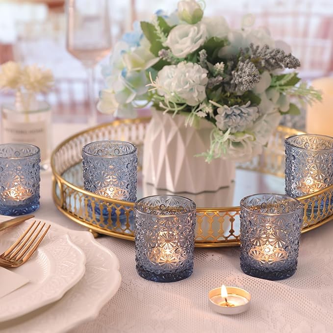 Blue Votive Candle Holder Set of 12, Flower Tea Lights Candles Holders for Wedding Table Centerpieces, Birthday Parties, Home Decor, Blue Bridal Shower and Holiday Decorations
