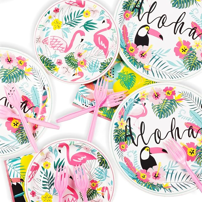 Hawaiian Luau Party Decorations Plates and Napkins Set - Flamingo Party Plates Napkins with Straws Forks Disposable Dinnerware Set for Hawaiian Luau Aloha Tropical Birthday Party Supplies , Serve 25