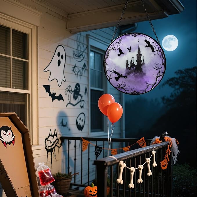 Stained Glass Window Hanging - Halloween Gothic Castle Purple Smoke Suncatcher for Doors Garden Home Spooky Crow Sun Catchers Gothic Decor Horror Gift for Women Men Friend Boy Girl 15 in