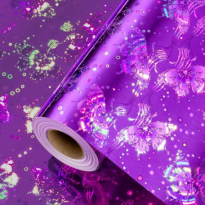 Yarcony Purple Wrapping Paper Roll, Holographic Butterfly Wrapping Paper - 17 Inch x 33 Feet - Shiny Iridescent Butterflies Design Thick Purple Gift Wrap for Birthday, Wedding, Christmas, Halloween