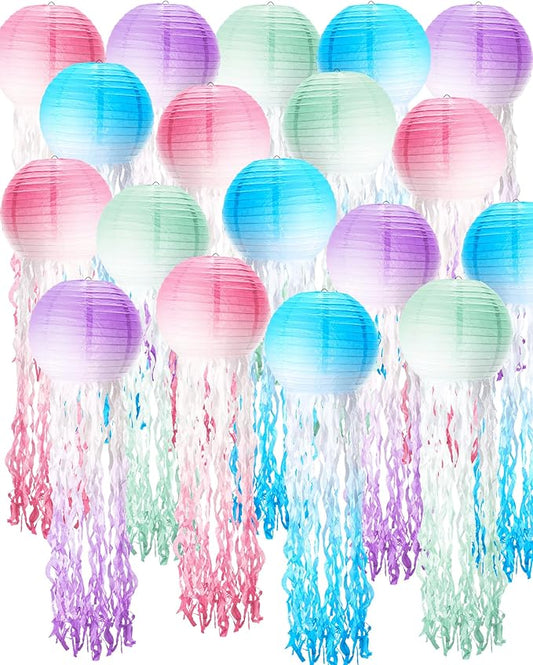 18 Pcs Jellyfish Paper Lanterns Jellyfish Lantern Hanging Decoration Ocean Theme Party Supplies Mermaid Birthday Decorations for Baby Shower Under The Sea Birthday Party Supplies(Gradient Color)