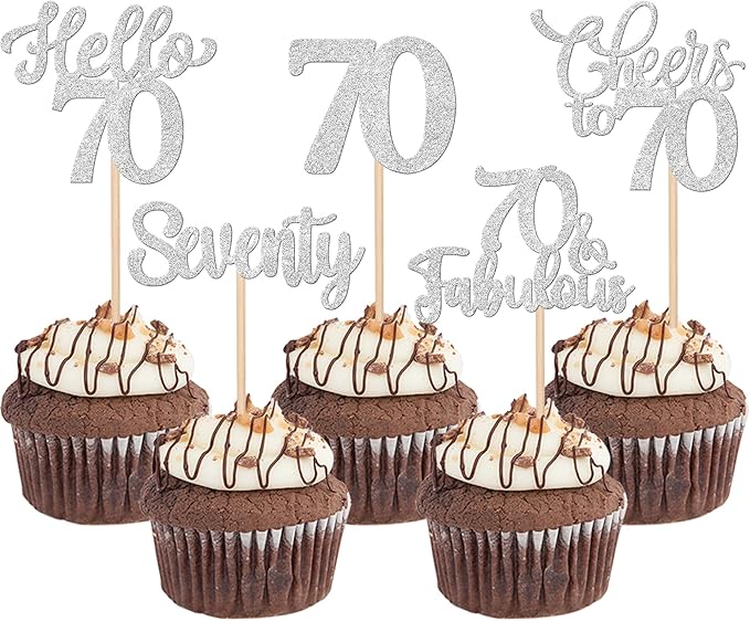 30PCS Happy 70th Birthday Cupcake Toppers Glitter Hello 70 Fabulous Seventy Cheers to 70 Years Old Birthday Cupcake Picks for Happy 70th Birthday Anniversary Party Cake Decorations Supplies Silver