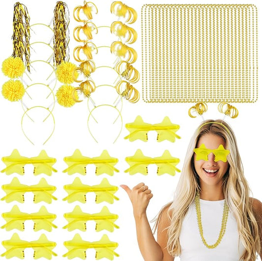 50 Pcs Light Yellow Holiday Team Spirit Party Accessories Pom Pom Party Headbands Star Shape Sunglasses Bead Necklaces Stuff Favors for Birthday Wedding Supplies(Classic)
