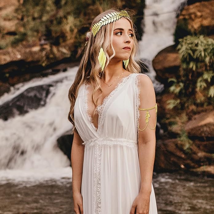 RechicGu 4 Pieces Grecian Goddess Leaf Laurel Costume Accessories Set Roman Toga Party Headband Upper Arm cuff Bracelet Band Earrings Jewelry Women Golden