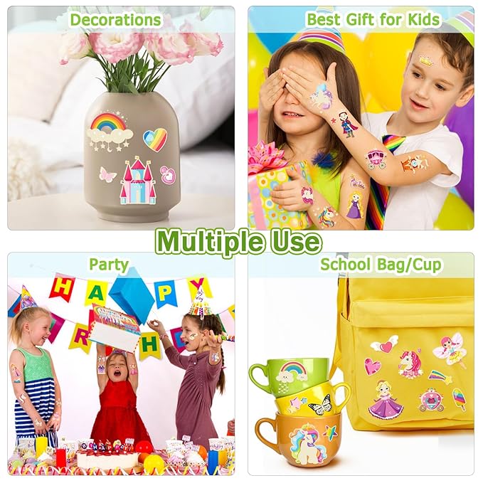 252+ PCS Glow Princess Temporary Tattoo for Kids, 36 Sheets Rainbow Castle Candy Star Prince Fake Tattoos Sticker for Girls Boys, Luminous Birthday Magic Fairy Theme Party Favors Decoration
