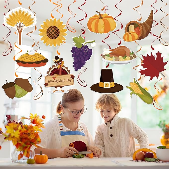 30pcs Thanksgiving Hanging Swirls, Thanksgiving Ceiling Hanging Decorations Turkey Pumpkin Acorn Ceiling Streamers for Give Thanks Classroom Friendsgiving Party Supplies
