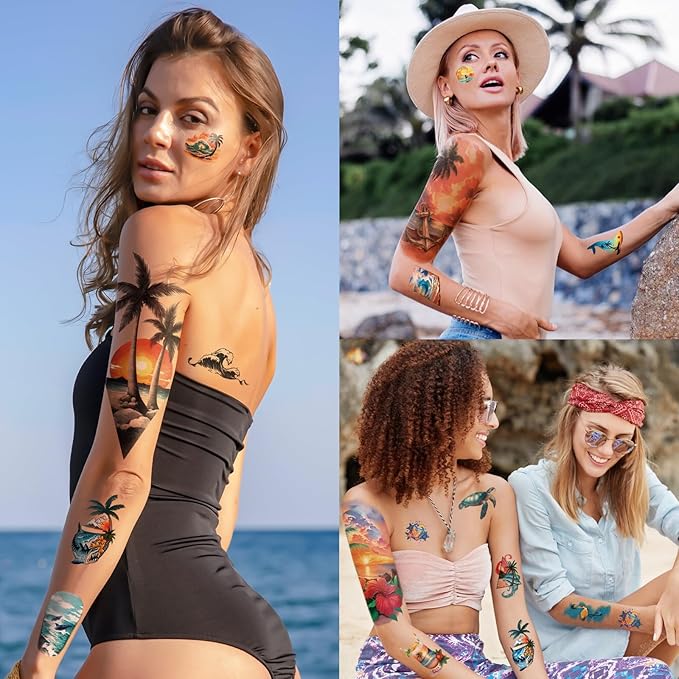 77 Sheets Temporary Tattoo for Women and Men, 17 Sheets Half Arm Beach Flower Skull Sunset Fake Tattoos, 60 Sheets Holiday Ocean Tiny for Adults Kids Body Tattoos Stickers Waterproof Realistic