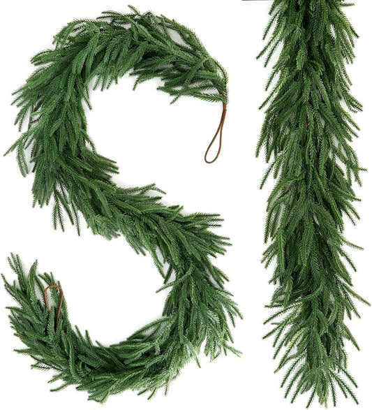 2 Pcs Christmas Garland 6 FT Artificial Norfolk Pine Garland for Winter Decoration, Realistic Green Garland Christmas Greenery for Mantle, Table, Wall, Indoor Outdoor Decor (120 Branches)