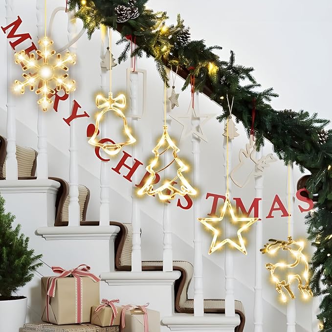 5Pack Christmas Window Lights Decorations with Timer,Battery Powered Christmas Hanging Warm White Lighted Snowflake Tree Star Deer Bells Shaped LED Sucker for Xmas Fireplace Indoor Decor