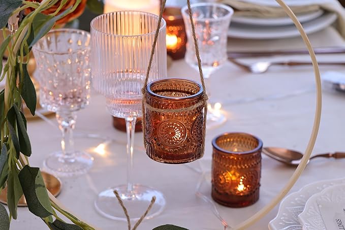 DEVI 24pcs Vintage Amber Votive Candle Holders, Amber Glass Tea Lights Candle Holder for Baby Shower, Boho Wedding Decorations, Vintage Boho Party Home Fall Centerpieces Table Decoration