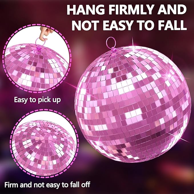 Mirror Disco Ball with Hanging Ring | 12"/16"/20" Mirror Disco Ball for DJ Club,Party,Wedding,Home Decor | Shiny,Easy Installation | with Hanging Ring | Golden, Pink 16inch Pink