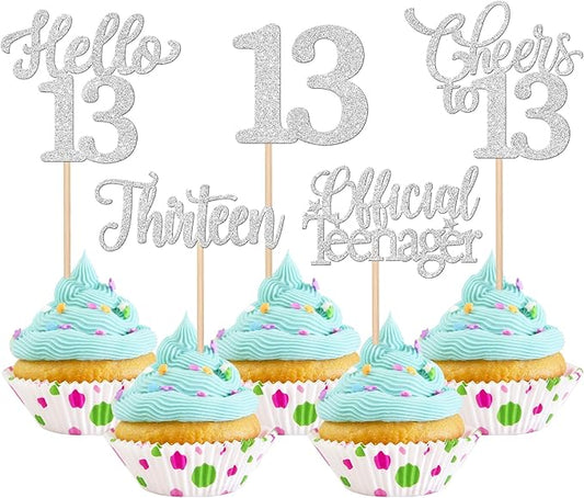 30PCS Happy 13th Birthday Cupcake Toppers Glitter Thirteen Official Teenager Hello 13 Cupcake Picks Cheers to 13 Birthday Decorations for 13th Birthday Anniversary Party Cake Decor Supplies Silver
