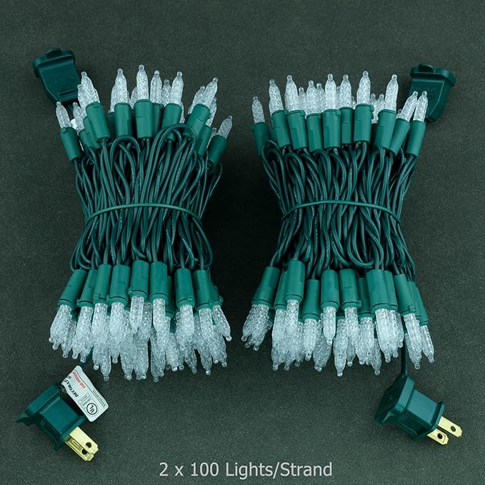 YULETIME Warm White Faceted LED Christmas Lights 200 Count 50 ft, Pack of 2 Strands 25 ft 100 Lights UL Certified Commercial Grade Green Wire Holiday String Light Set (Warm White)