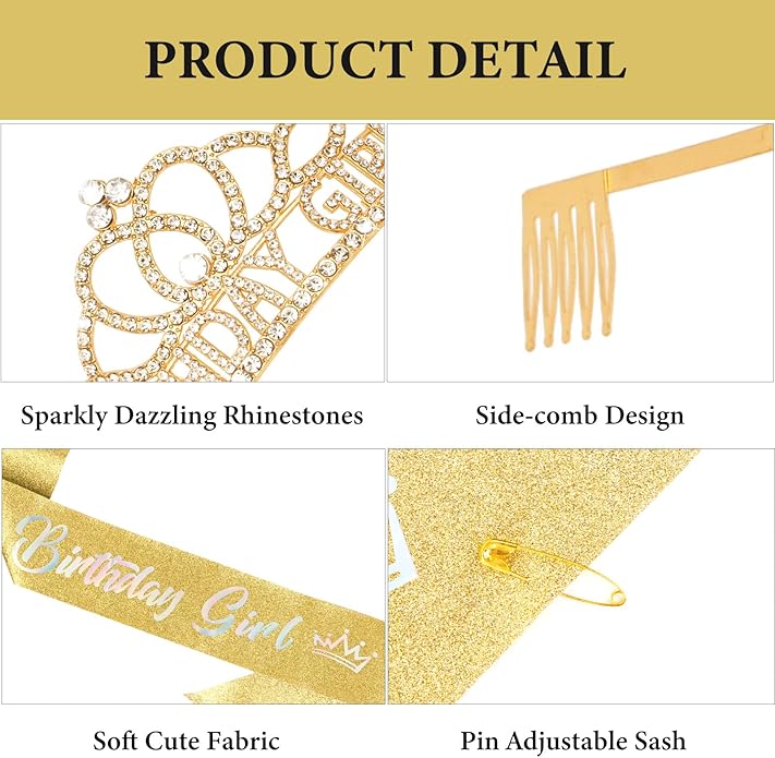 CAVETEE Birthday Crown for Women，Gold Birthday Girl Crowns & Sash - Girl Tiara for Party