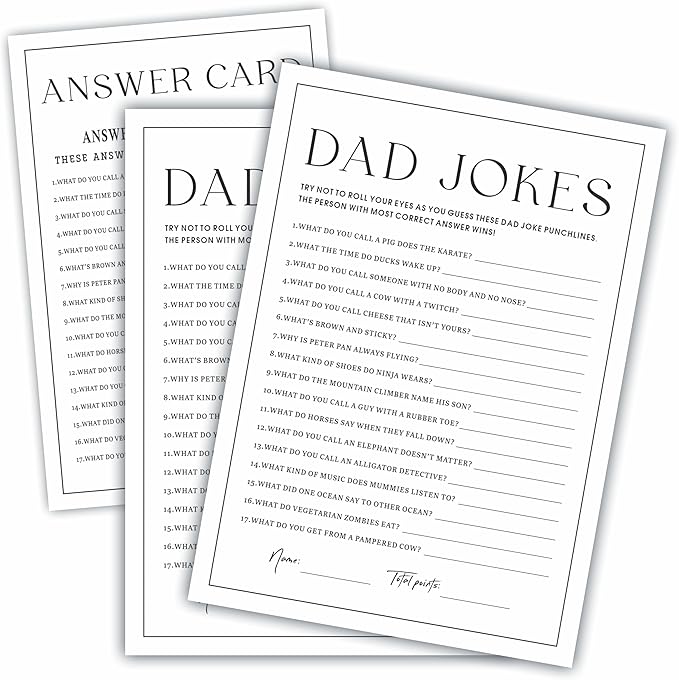 Baby Shower Party Games- Minimalism Black &White-Dad Jokes Game For Guest-30 Game Cards & 1 Answer Card-Wishes For Baby-Baby Announcement Gender Reveal Game Card 07