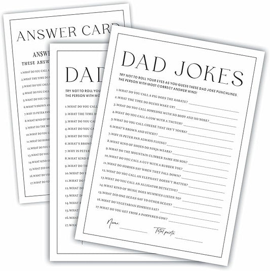 Baby Shower Party Games- Minimalism Black &White-Dad Jokes Game For Guest-30 Game Cards & 1 Answer Card-Wishes For Baby-Baby Announcement Gender Reveal Game Card 07