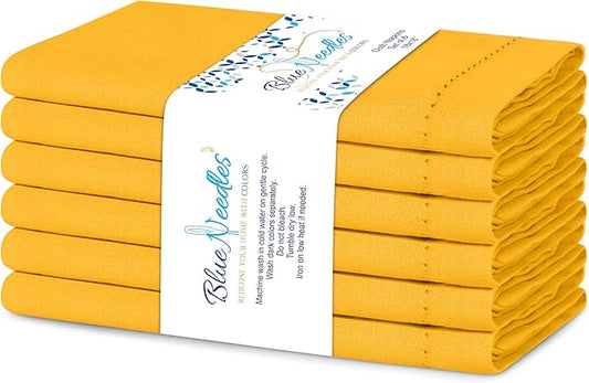 Blue Needles Set of 6 Hemstitch Linen Napkins 100% Cotton Golden Yellow Cloth Dinner Napkins 18x18 inches, Soft, Reusable Absorbent Washable, Ideal for Fall Thanksgiving Events, Parties & Everyday Use