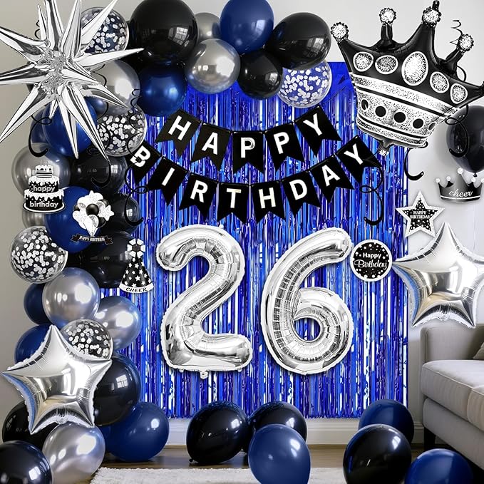 26th Birthday Decorations for Men and Women, Black Blue Silver Happy Birthday Number 26 Balloons, Banner, Fringe Curtains Garland Kit - 26 Year Old Party Supplies