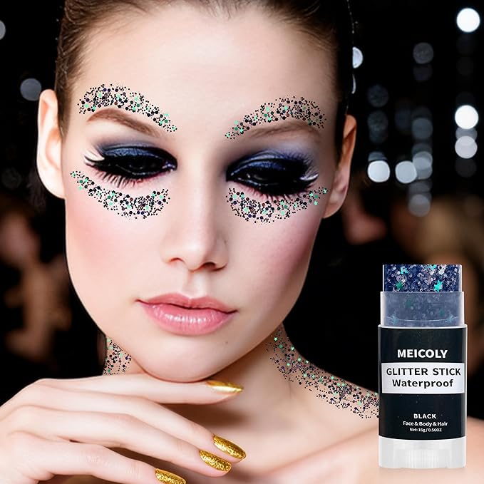 MEICOLY Black Face Body Glitter Stick,Hair Glitter Stick for Kids and Women,Sparkle Chunky Glitter Makeup,Waterproof Face Glitter for Party Rave Festival