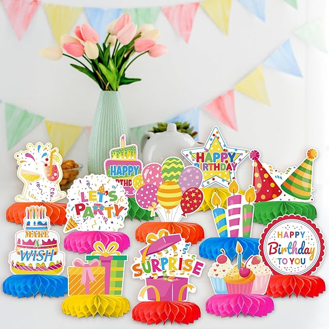 12 Pcs Birthday Table Decorations Colorful Birthday Centerpieces for Tables Happy Birthday Decorations Honeycomb Centerpieces Decor for Kids Happy Birthday Party Supplies