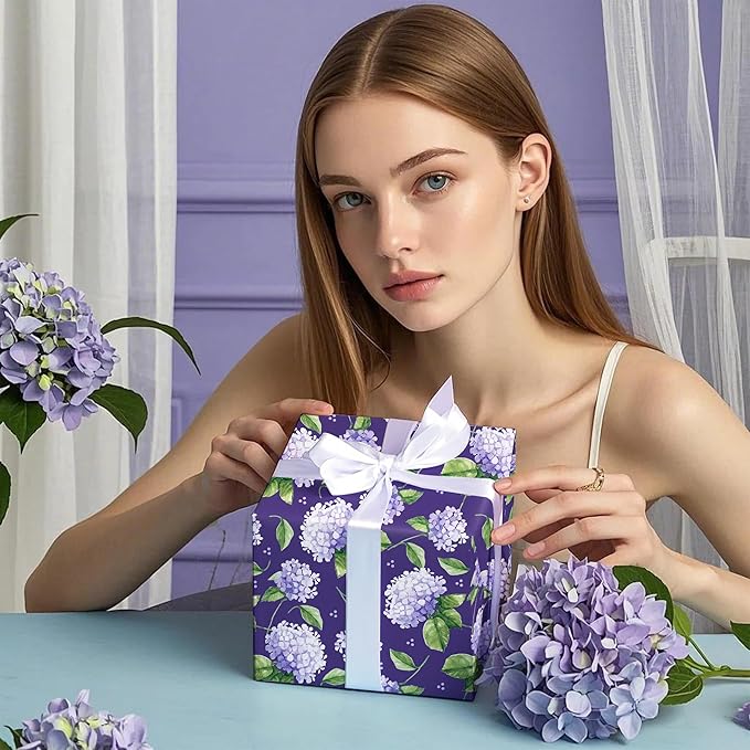 WRAPAHOLIC Kraft Hydrangea Floral Wrapping Paper Roll - Mini Roll - 17 Inch x 16.5 Feet - Blue Hydrangea Flower Wrapping Paper for Wedding, Birthday, Bridal Shower, Tea Party
