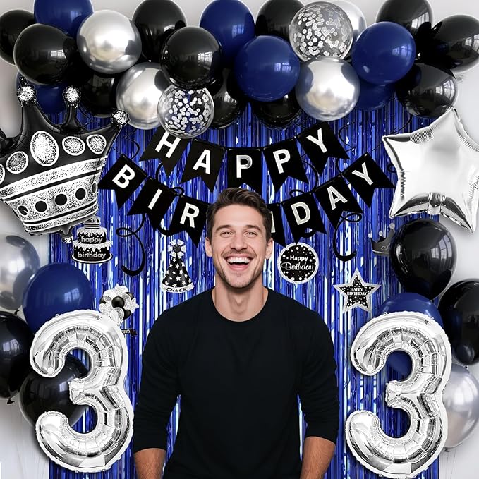 33rd Birthday Decorations for Men and Women, Black Blue Silver Happy Birthday Number 33 Balloons, Banner, Fringe Curtains Garland Kit - 33 Year Old Party Supplies