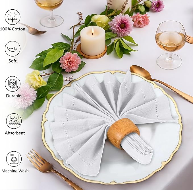 Ruvanti Cloth Napkins - 100% Cotton Dinner Napkins, Hem Stitched Corners, 18x18 Inch, 12 Pack - Soft, Absorbent, Durable, Reusable, Wrinkle Resistant for Formal Dining & Everyday Use - White
