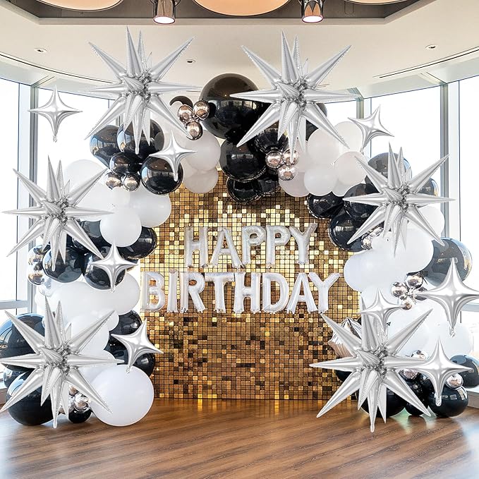 18 Pcs Silver Star Balloons, Silver Balloon with 6 Pcs 22-Inch Explosion Star Balloons 12Pcs 10-Inch Four Pointed Stars Foil Balloon for Anniversary Wedding Disco Birthday Party Decorations