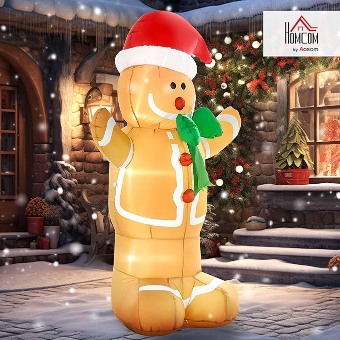 HOMCOM 6ft Christmas Inflatable Gingerbread Man, Outdoor Blow-Up Yard Decoration with LED Lights Display