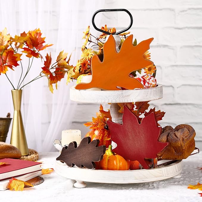 Qunclay 3 Pcs Fall Thanksgiving Decor Maple Leaves Wood Sign Autumn Leaves Wooden Table Centerpieces Fall Tiered Tray Decor Decorations for Thanksgiving Home Table Desk